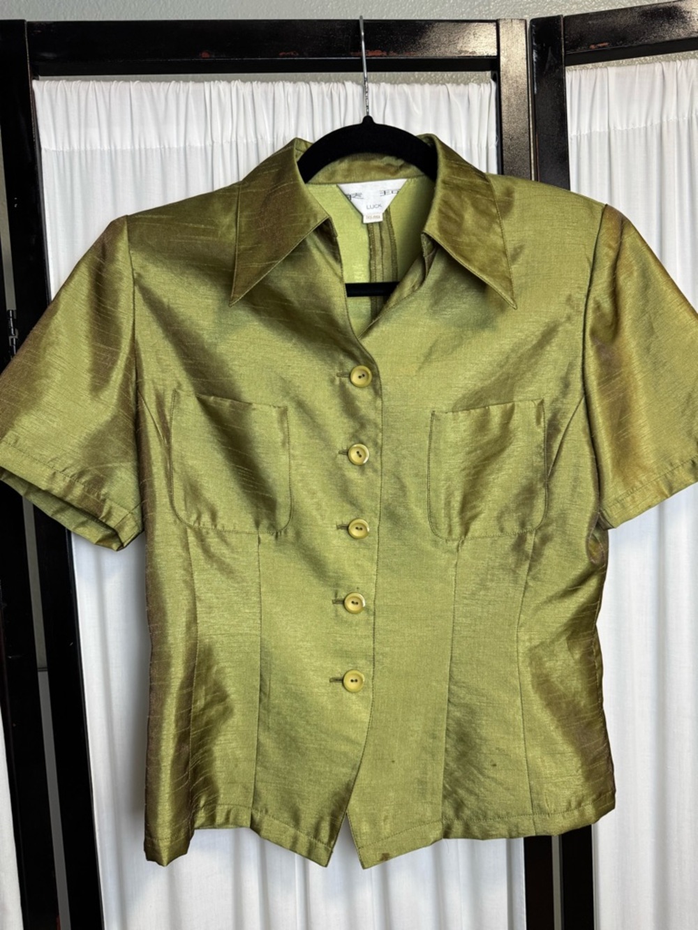 Lux Olive Shimmer Short-Sleeve Button Front Shirt
